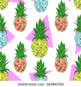 Colorful pineapple seamless pattern on an abstract pink geometrical background. Vector illustration.