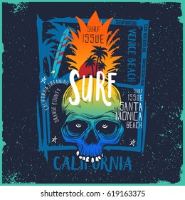 Colorful Pineapple shaped skull illustration with typography like Venice beach and Santa Monica and California / Tone in tone Background with palm tree silhouettes