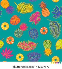 Colorful pineapple and tropical leaf seamless pattern vector.