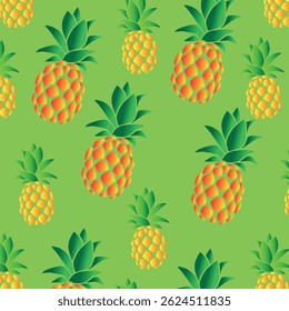 Colorful pineapple vector pattern on a green background.