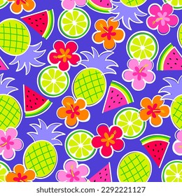 Colorful pineapple, watermelon, hibiscus and citrus fruit seamless pattern for summer holidays background.