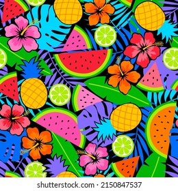 Colorful pineapple, watermelon, lime, hibiscus and tropical leaf seamless pattern for summer holidays background.