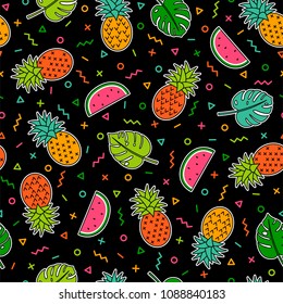 Colorful pineapple, watermelon and tropical leaf seamless pattern with geometric background