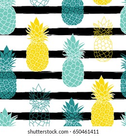 Colorful Pineapples On Black Stripes Vector Repeat Seamless Pattrern. great for fabric, packaging, wallpaper, invitations.