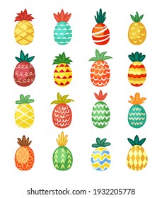 Colorful pineapples ornaments set. Ethnic festive tracery wavy red tropical fruit with barbed print juicy geometric shape trendy hawaiian ornament decorative green texture. Vector fruity festive.