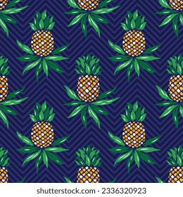 Colorful Pineapples Seamless Pattern. Floral Background with Pineapple Tropical Fruit and Leaves. Vector graphic