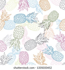 Colorful pineapples summer tropical seamless pattern. Tasty fruit design for textile, print, packaging, gift warp, wallpaper, background. Cartoon flat style.