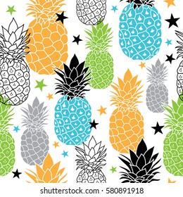 Colorful Pineapples Vector Repeat Seamless Pattrern in Black, Blue, Orange and Green Colors. great for fabric, packaging, wallpaper, invitations.