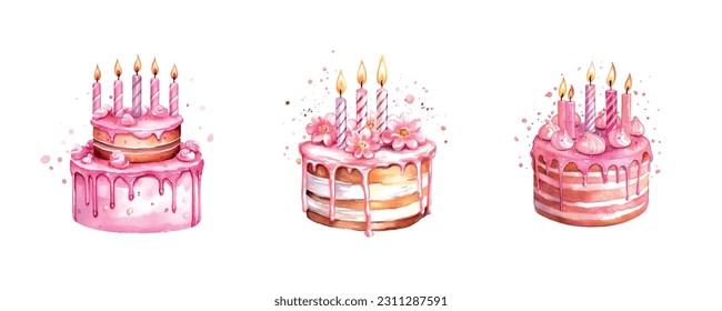 Colorful pink birthday cake watercolor in vintage style on white background. Hand drawn vector poster. Wedding invitation poster.