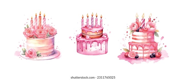 Colorful pink birthday cake watercolor in vintage style on white background. Hand drawn vector poster. Wedding invitation poster.