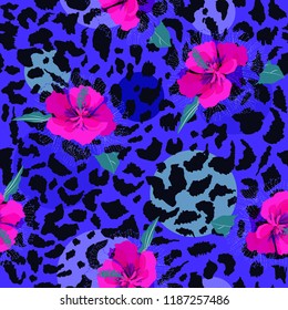 Colorful pink  blooming flower on animal skin leopard prints seamless pattern vector,design for fashion,fabric,wallpaper and all prints on electric blue background color