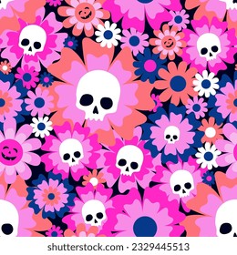 Colorful pink and blue  flowers with white sculls seamless pattern. Vector illustration for Halloween and day of dead.