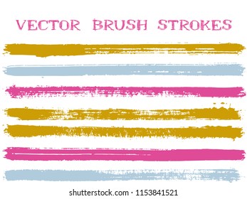 Colorful pink blue gold ink brush strokes isolated design elements. Set of paint lines. Artistic Ink brushes stripes isolated on white, vector colors guide book samples.