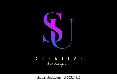 Colorful pink and blue SU s u letter design logo logotype concept with serif font and elegant style. Vector illustration icon with letters S and U.