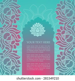 Colorful pink and blue traditional oriental lotus card design with temple gate and space for text