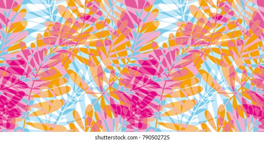 Colorful pink and blue tropical seamless pattern vector illustration for card, invitation, poster, header. Summer exotic forest leaves motif for surface design, fabric, wrapping paper.