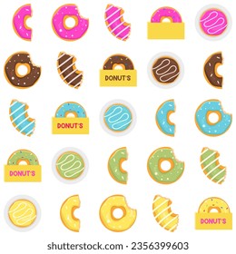 Colorful pink, brown, orange shiny donuts set on white background. View from above and from the side. Vector illustration