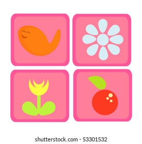 Colorful pink cute nature icons - fish, flower and apple