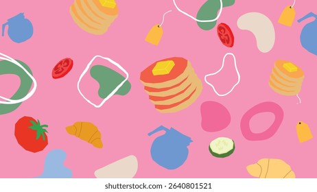 Colorful pink design showing pancakes, teabags, croissants, tomatoes, and cucumbers in a joyful breakfast food arrangement.