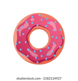 Colorful pink donut. Sweets in glaze, bakery and confectionery. Sticker for social networks, graphic elements for website. Cafe or restaurant menu, sugar food. Cartoon flat vector illustration