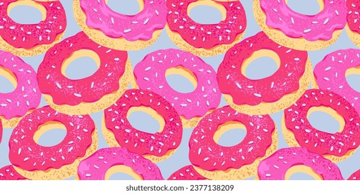 Colorful pink donuts seamless pattern. Dessert vector illustration, hand drawn. Templates for design, fashion, fabrics, textiles, wallpaper, packaging and all prints