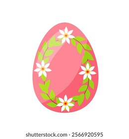 colorful pink Easter egg, with green leaves, and flowers. hand drawn. vector