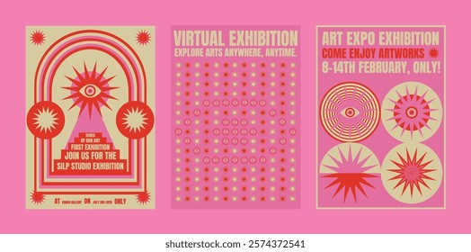 Colorful pink exhibition posters with bold text and abstract designs. Virtual exhibition details. Eye-catching design with stars and bold text. Psychedelic retro poster template vectors.