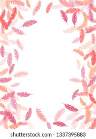 Colorful pink flamingo feathers vector background. Detailed majestic feather on white design.  