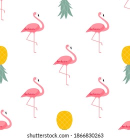 Colorful Pink Flamingo and Pineapple Seamless Pattern Background. Vector Illustration
