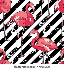 Colorful pink flamingos. Striped background. Seamless vector pattern.