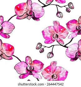 Colorful pink flowers, watercolor illustration, seamless pattern. Vector illustration.