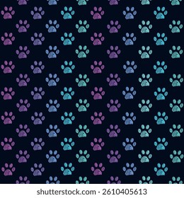 Colorful pink, green and blue pattern with doodle paw prints. Seamless fabric design pattern
