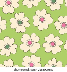 Colorful Pink and Green Large Scale Hand-Drawn Floral Vector Seamless Pattern. Retro 70s Style Nostalgic Fashion Textile Bold Background. Summer Resort Print. Daisies. Flower Power