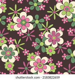 Colorful Pink and Green Large Scale Hand-Drawn Floral Vector Seamless Pattern. Retro 70s Style Nostalgic Fashion Textile Bold Background. Summer Resort Print. Daisies. Flower Power