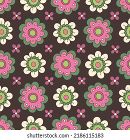 Colorful Pink and Green Small Scale Hand-Drawn Floral Vector Seamless Pattern. Retro 70s Style Nostalgic Fashion Textile Bold Background. Summer Resort Print. Daisies. Flower Power