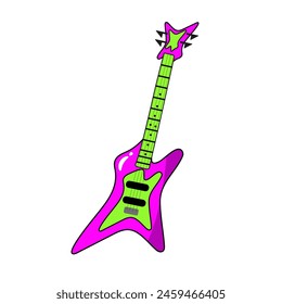 Colorido rosa y verde Ilustración vectorial, guitarra, instrumento musical, 80s-90s estilo cómic icono, símbolo y objeto en estilo de dibujos animados, moda retro estilo hipster pegatina. Ilustración de moda y2k