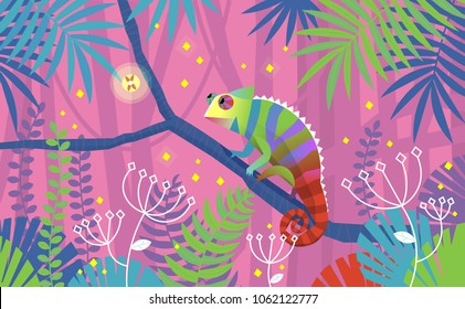 Colorful pink illustration with chameleon lizard sitting on a branch in tropical jungle. The animal is surrounded by imaginary plants and leaves. Vector illustration