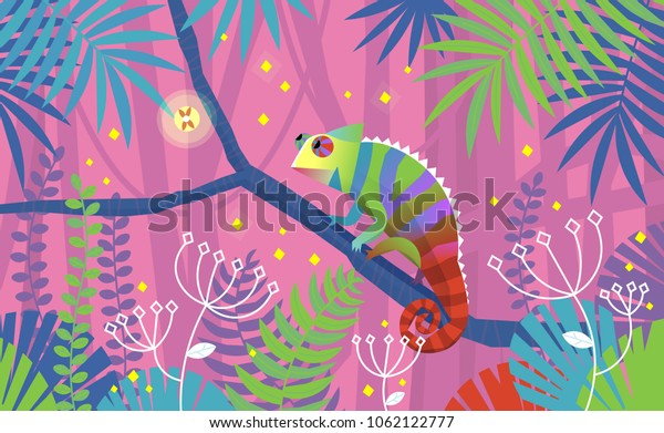 熱帯ジャングルの枝にカメレオントカゲが座っているカラフルなピンクのイラスト その動物は 想像上の植物と葉に囲まれている ベクターイラスト のベクター画像素材 ロイヤリティフリー