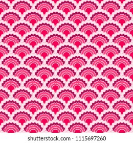 Colorful pink mermaid scales squama background, vector seamless fabric pattern, tiled textile print. Traditional japanese squama scales seamless arc tiles graphics. Wallpaper pattern.