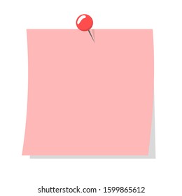 Colorful pink note sheet. Vector isolated notepaper. Office reminder with a red pin. Blank space on paper sheet.