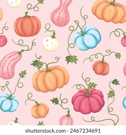 Colorful pink, orange and blue pumpkins, squashes and vines on a light pink background. Seamless repeated surface vector pattern design. Autumn and holiday decoration.