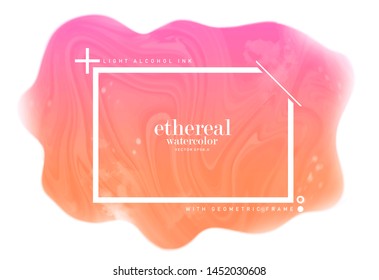 colorful pink orange ink stain. ethereal pastel watercolor splotch. light fluid alcohol textured on white background. abstract geometric frame with text space. eps 8