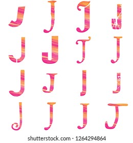 Colorful pink & orange painted assorted letter J set vector design illustration with a cute brush stroke style isolated on a white background