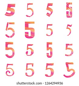Colorful pink & orange painted assorted number five 5 set vector design illustration with a cute brush stroke style isolated on a white background