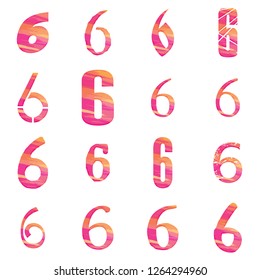 Colorful pink & orange painted assorted number six 6 set vector design illustration with a cute brush stroke style isolated on a white background