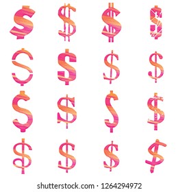 Colorful pink & orange painted assorted dollar sign mark symbol set vector design illustration with a cute brush stroke style isolated on a white background