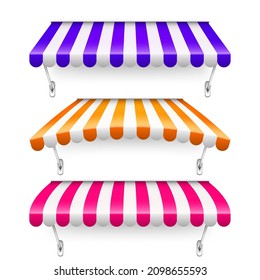 Colorful pink, orange and violet shop sunshade with metal mount. Realistic striped cafe awning. Outdoor market tent. Roof canopy. Summer street store. Vector illustration.