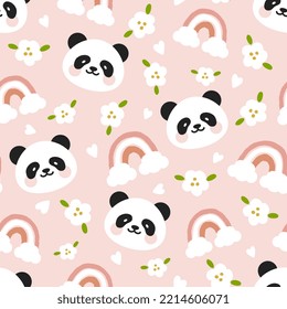 colorful pink panda bear face with rainbows, clouds and flowers. kawaii style animals kids design for wrapping paper, fabric and textile print.