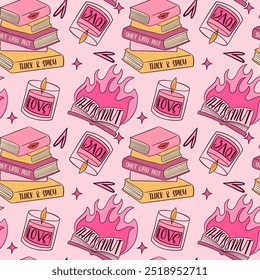 A Colorful Pink Pattern Featuring Books and Candles That Evokes a Cozy Aesthetic Atmosphere