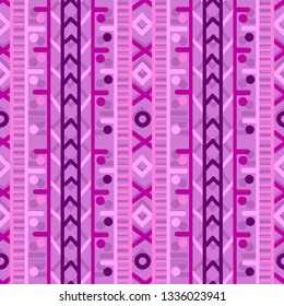 colorful pink and purple decorated ethnic seamless pattern tile with stripes, diamonds , symbols and circles. for textile, fabric, wallpaper, background, backdrops and creative surface design template